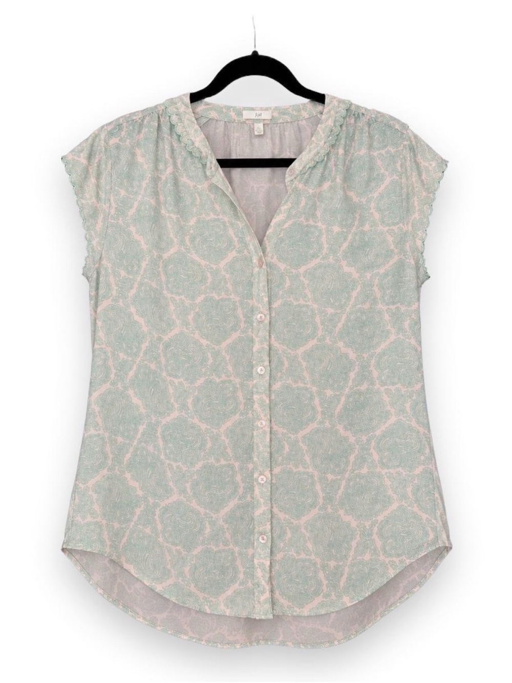 Joie Women’s Large Pink & Green Paisley Button Front Blouse Scallop Trim